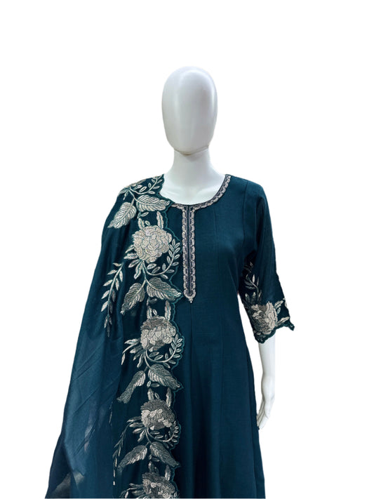 Luxurious Chinnon 3-Piece Anarkali Ensemble - Exquisite Work on Yoke & Hemline with Heavy Dupatta in Majestic Peacock Green