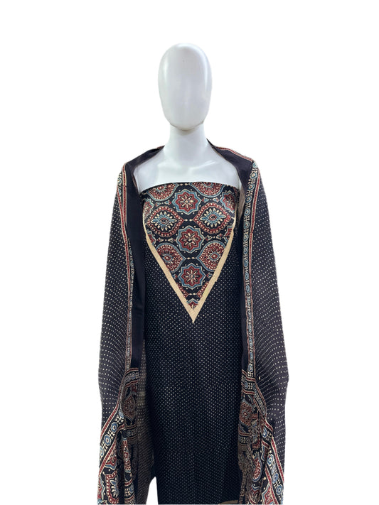 Un-Stitched - Modal Silk - 2 Piece (Dupatta & Top) - Handblock Ajrakh Print - Black