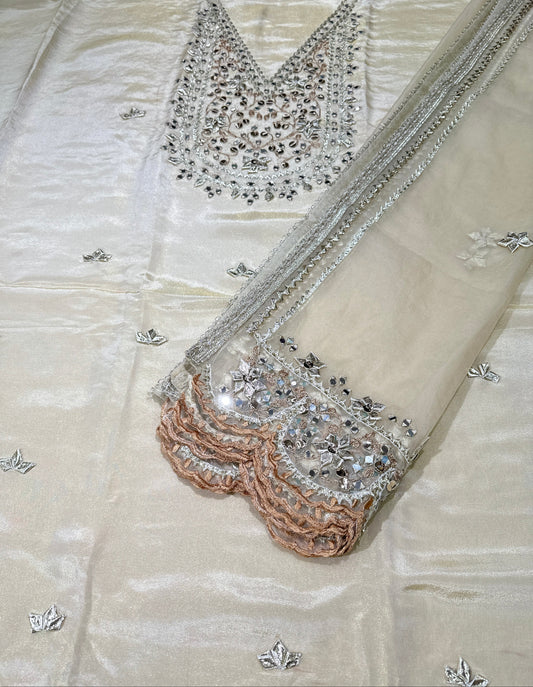 Unstitched - Maheshwari Silk Gota Patti Mirror Work Santoon Bottom - Beige