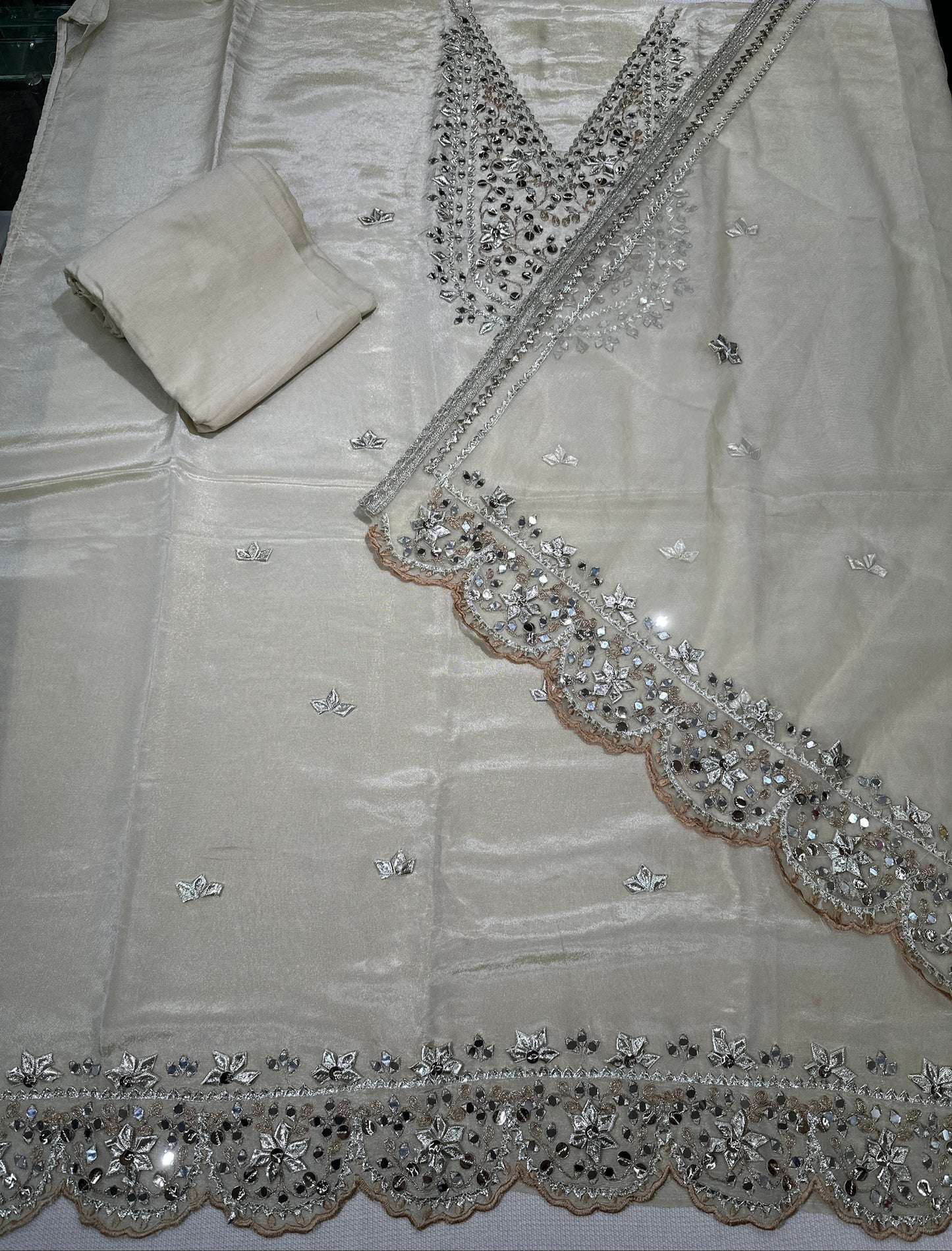 Unstitched - Maheshwari Silk Gota Patti Mirror Work Santoon Bottom - Beige