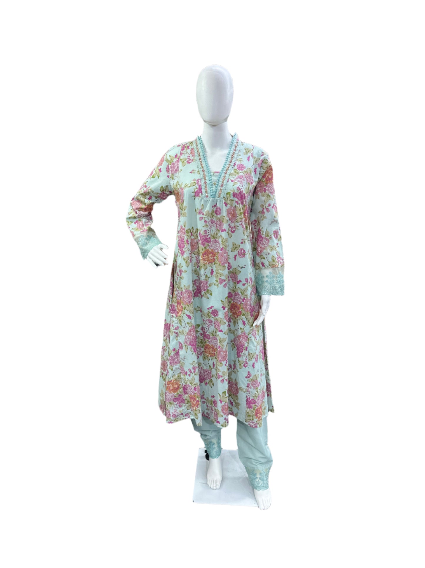 Breathable Cotton 3-Piece Ensemble - Romantic Floral V-Neck A-Line Top with Embroidery & Lace in Serene Powder Blue