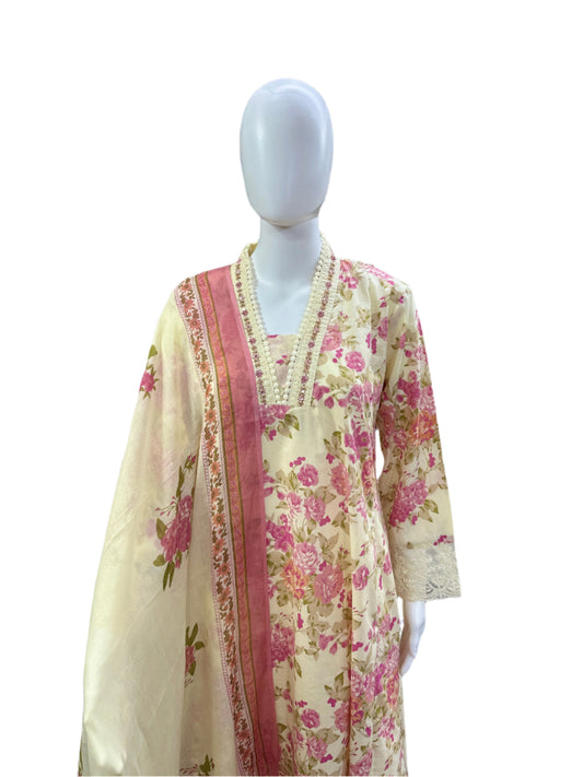 Breathable Cotton 3-Piece Ensemble - Romantic Floral V-Neck A-Line Top with Embroidery & Lace in Pure Ivory