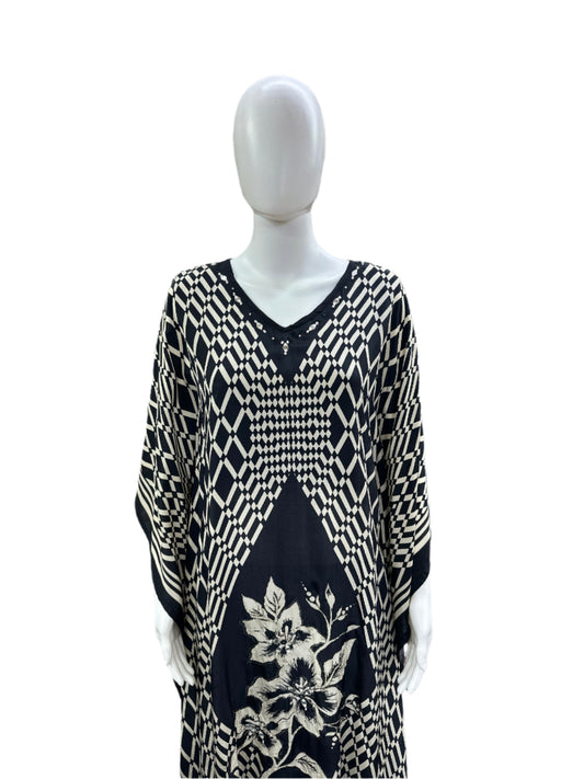Luxurious Crepe Silk 2-Piece Set - Contemporary Abstract Printed Kaftan with Pearl Work, Tassels & Half Lining, Straight Pants in Classic Black & Beige