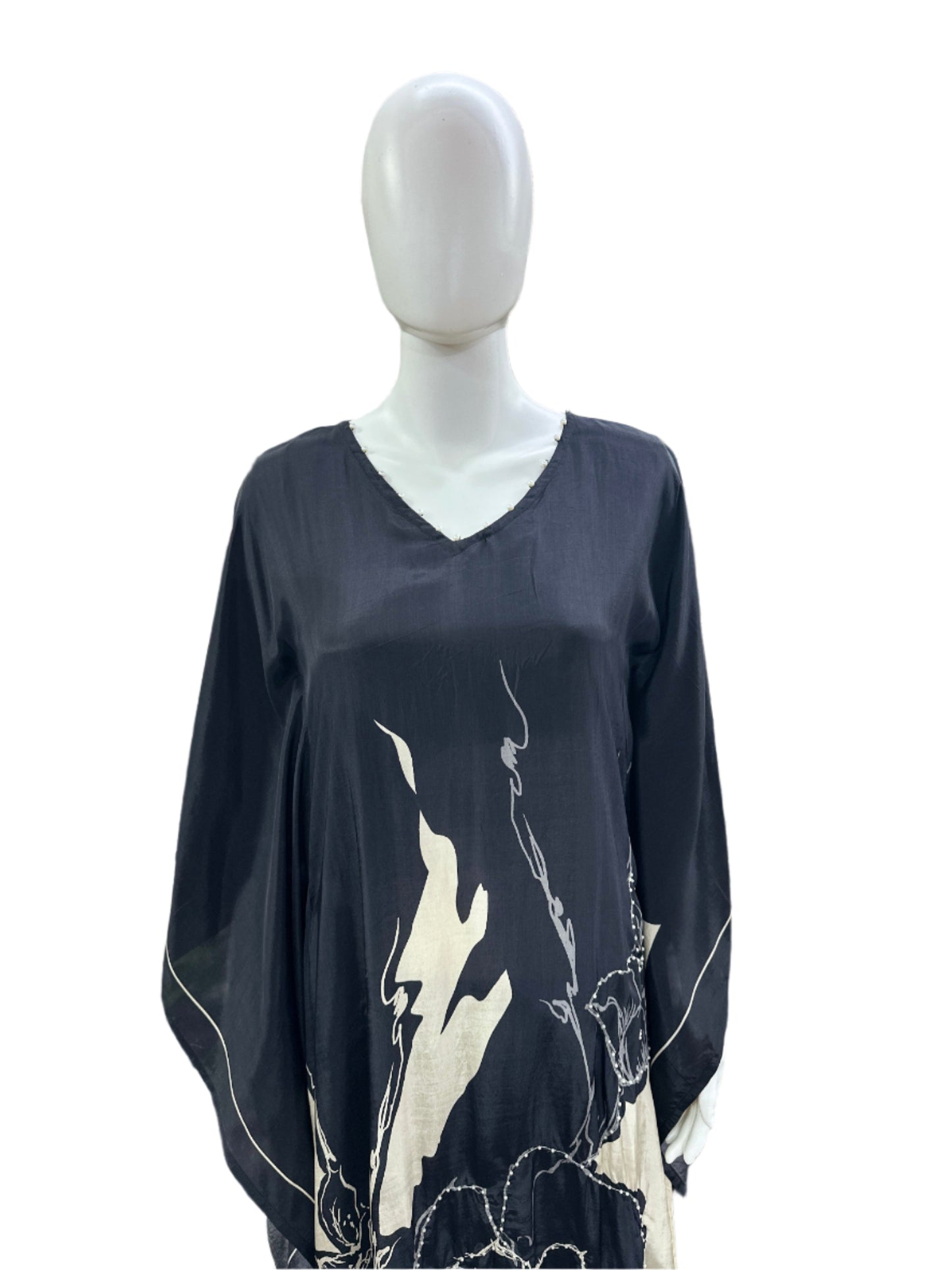 Luxurious Crepe Silk 2-Piece Set - Elegant Floral Printed Kaftan with Pearl Work & Tassels and half lining, Straight Pants in Classic Black & Beige