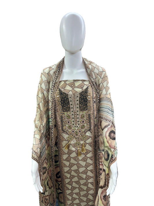 Luxurious Un-Stitched Russian Silk 3-Piece Set - Digital Print with Heavy Pearl & Threadwork on Yoke, Tasseled Dupatta & Santoon Bottom in Elegant Beige