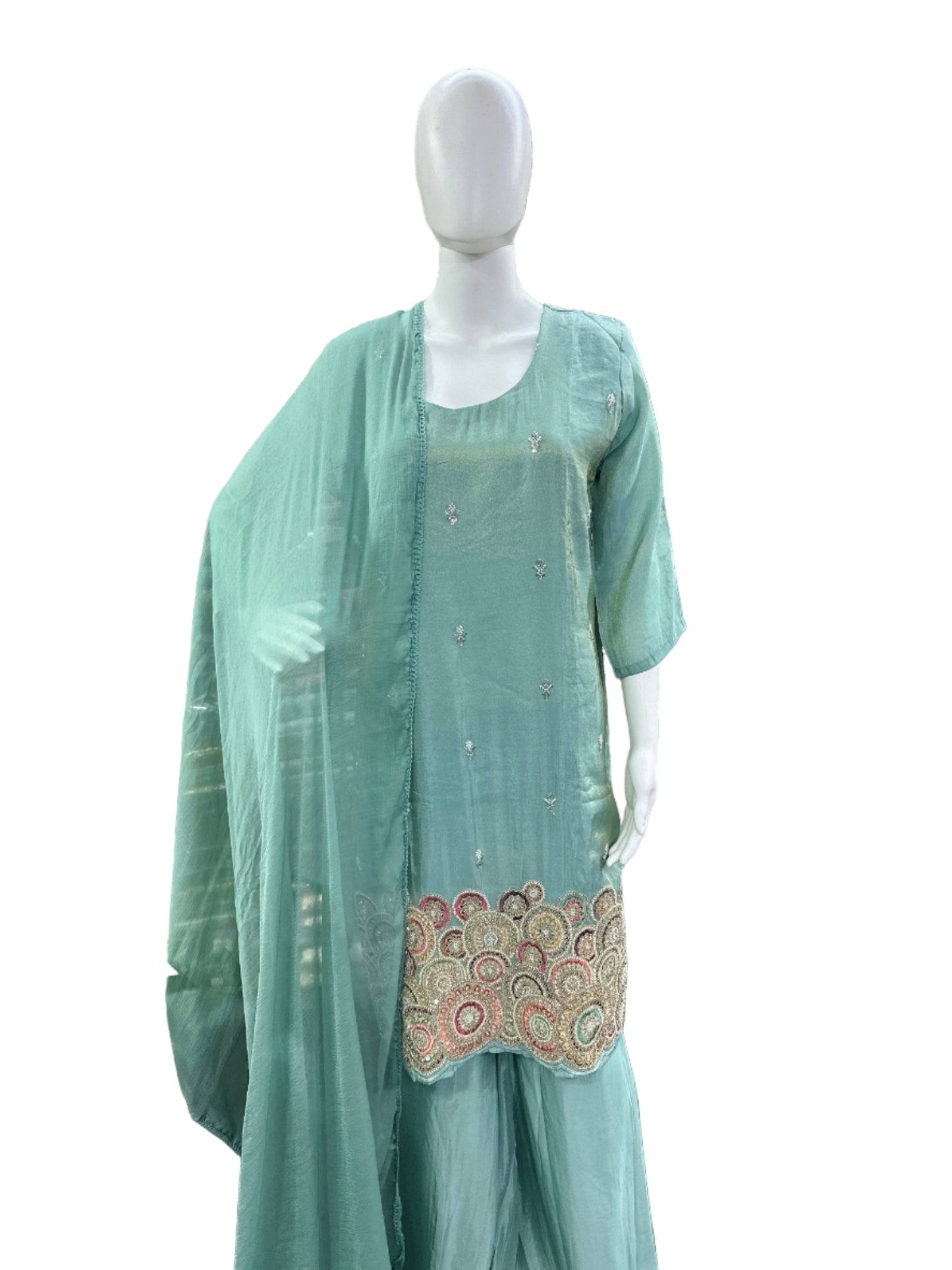 Luxurious Shimmer Silk 3-Piece Ensemble - Straight Top with Heavy Embroidery on Hemline, Loose Divider with Lining & Lace Dupatta in Serene Sea Green