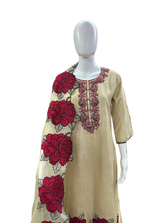 Luxurious Shimmer Silk 3-Piece Ensemble - Floral Thread Embroidery on Yoke, Red Flowers on Hemline with Lining & Heavy Cutwork Dupatta in Elegant Beige