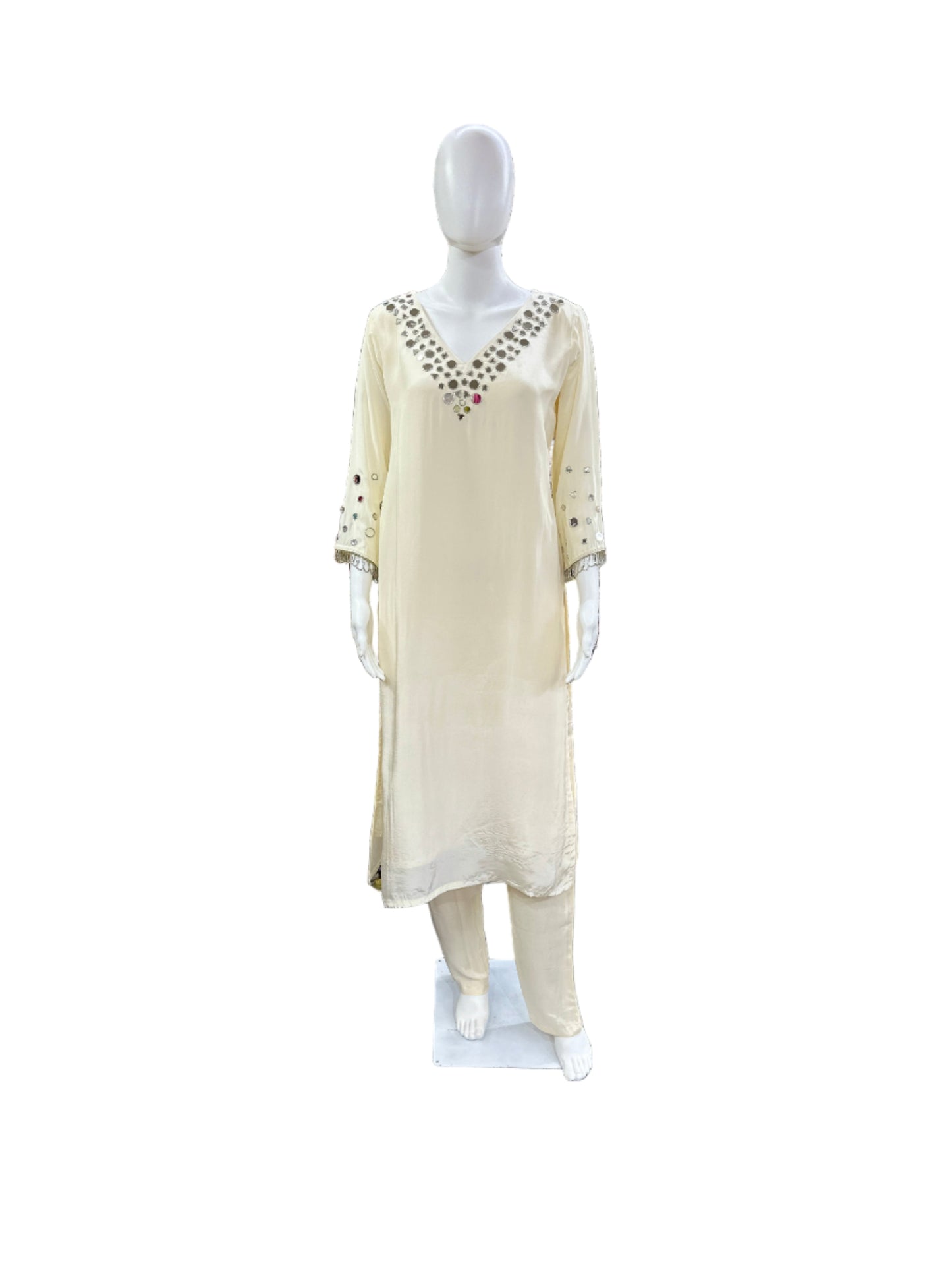 Luxurious Crape 3-Piece Ensemble - Straight Top with Mirror Work on Yoke & Sleeves, Dupatta with Tassels & Lining in Elegant Cream