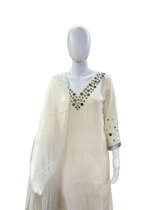 Luxurious Crape 3-Piece Ensemble - Straight Top with Mirror Work on Yoke & Sleeves, Dupatta with Tassels & Lining in Elegant Cream