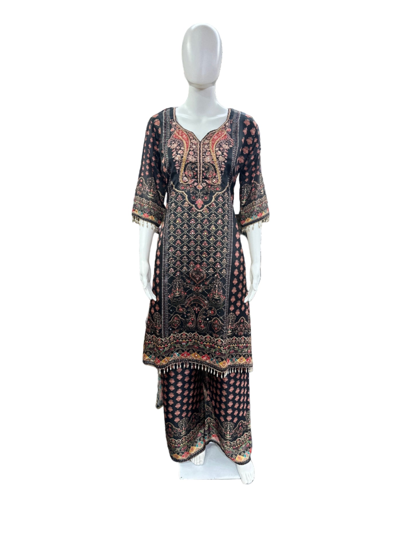 Luxurious Chinnon 3-Piece Ensemble - A-Line Top with Mirror, Cutdana & Lacework, Flowing Palazzo with Lining & Dupatta in Classic Black