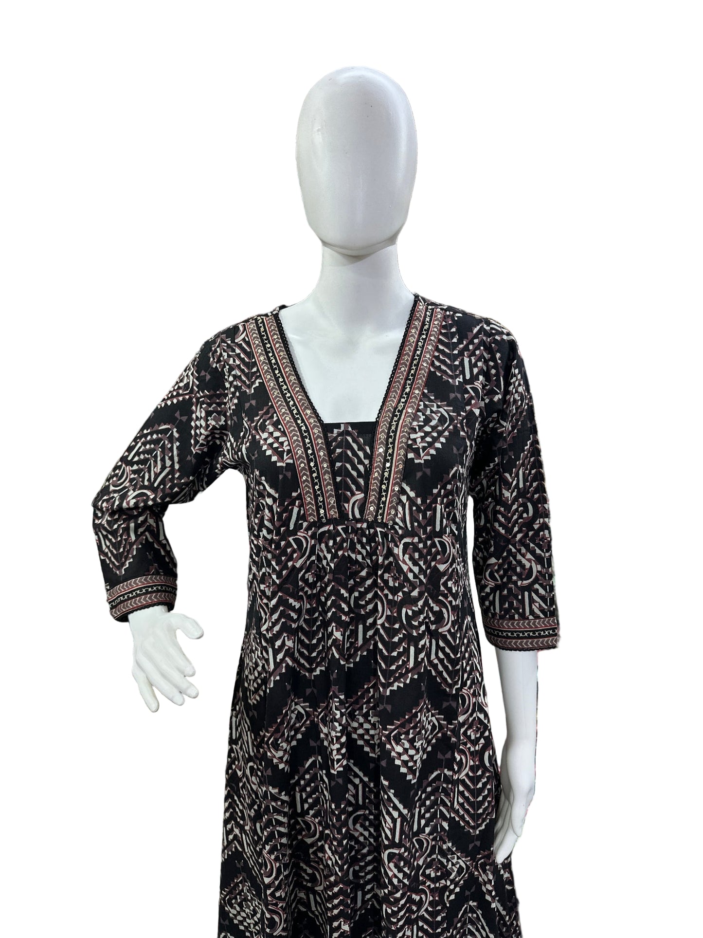 Breathable Cotton 3-Piece Ensemble - A-Line Top with Abstract Design & Sequence Work on Yoke, Straight Pants & Dupatta in Classic Black