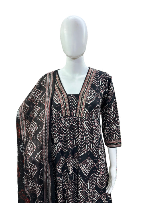 Breathable Cotton 3-Piece Ensemble - A-Line Top with Abstract Design & Sequence Work on Yoke, Straight Pants & Dupatta in Classic Black