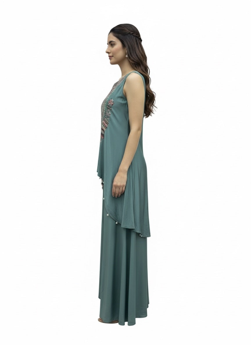 Natural Crepe 2 Piece Sleeveless Heavy Work - Turquoise Green