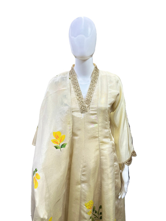 Magnificent Shimmer Silk 3-Piece Anarkali Set in Elegant Beige