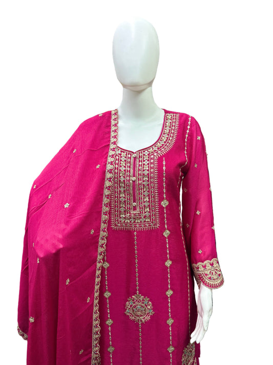 Luxurious Chinnon 3-Piece Sharara Set in Magenta Pink