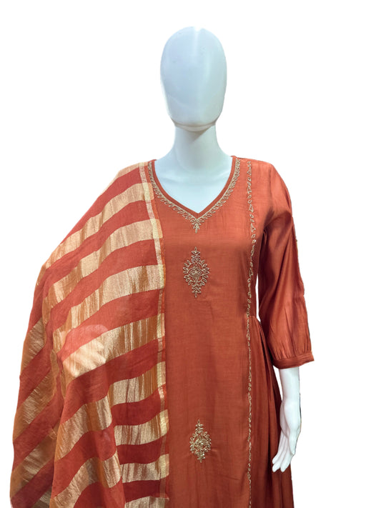 Magnificent Mul Chanderi 3-Piece Anarkali Set in Vibrant Rust