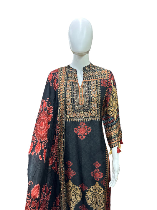 Elegant Muslin 3-Piece Set in Rust and Black