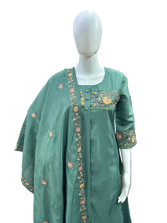 Exquisite Roman Silk 3-Piece Set in Rich Olive Green