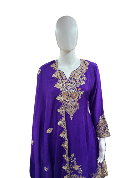 Luxurious Chinnon 3-Piece Sharara Set in Rich Purple