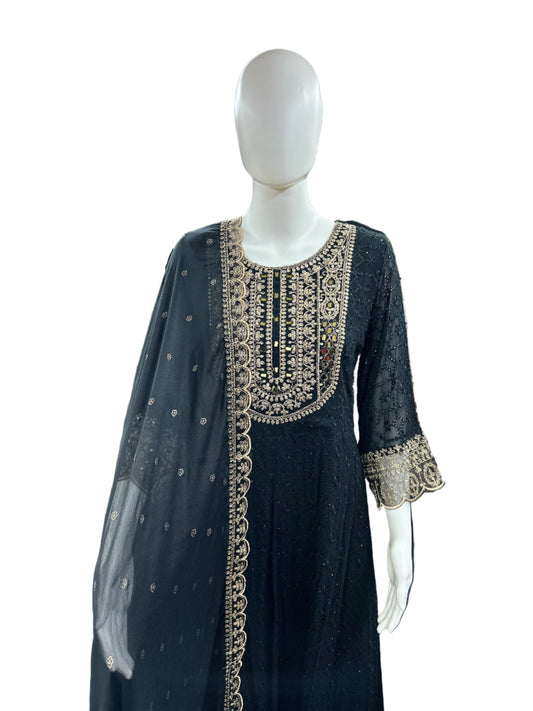 Magnificent Georgette Schiffli 3-Piece Anarkali Set in Elegant Black