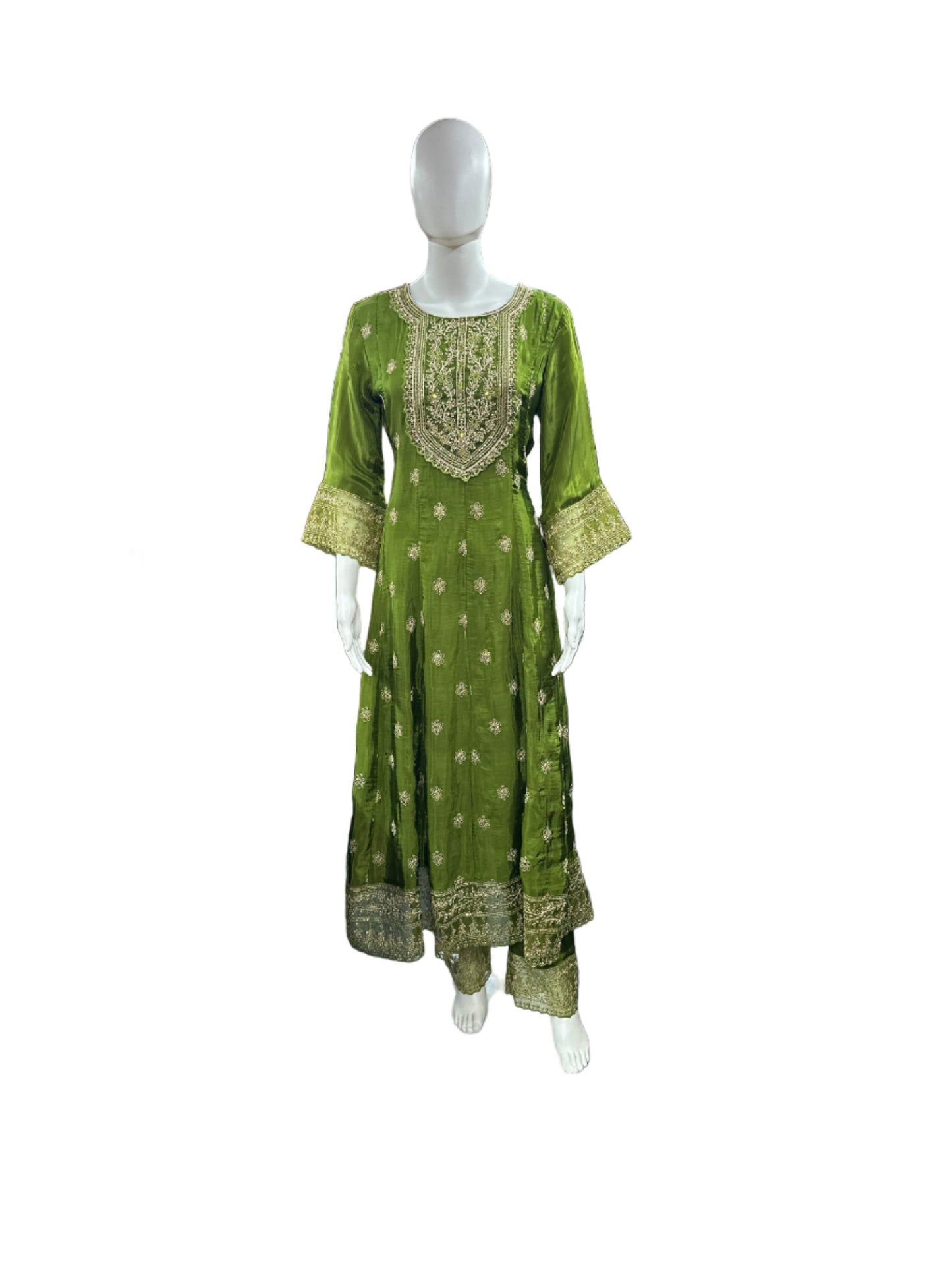 Magnificent Glass Fabric 3-Piece Anarkali Set in Rich Mehendi Green