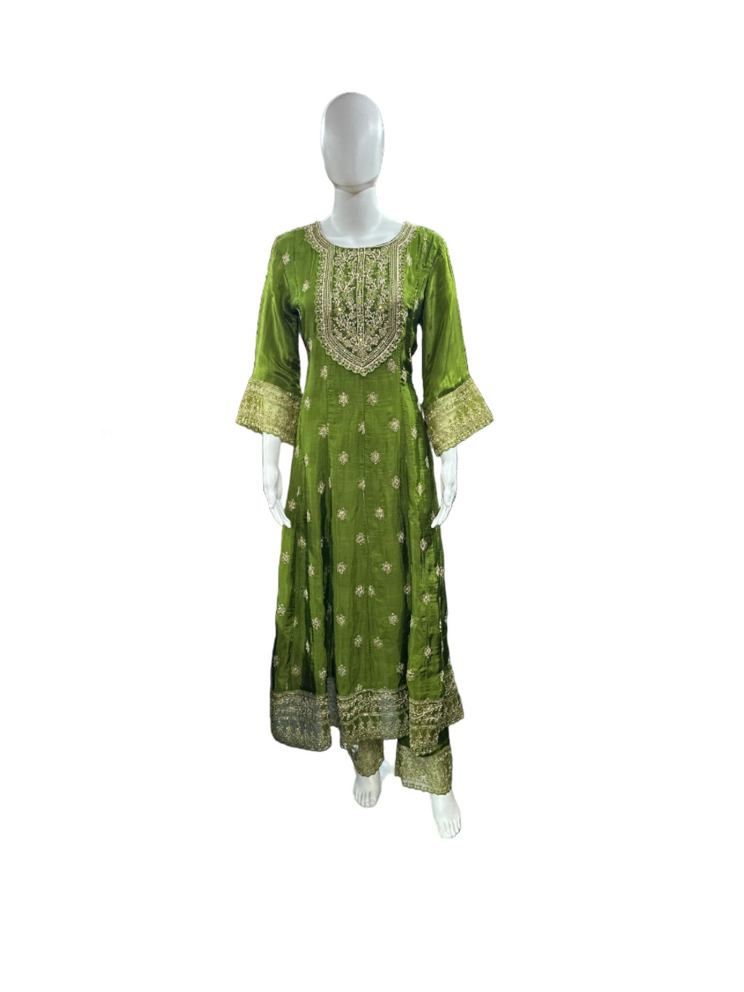 Magnificent Glass Fabric 3-Piece Anarkali Set in Rich Mehendi Green