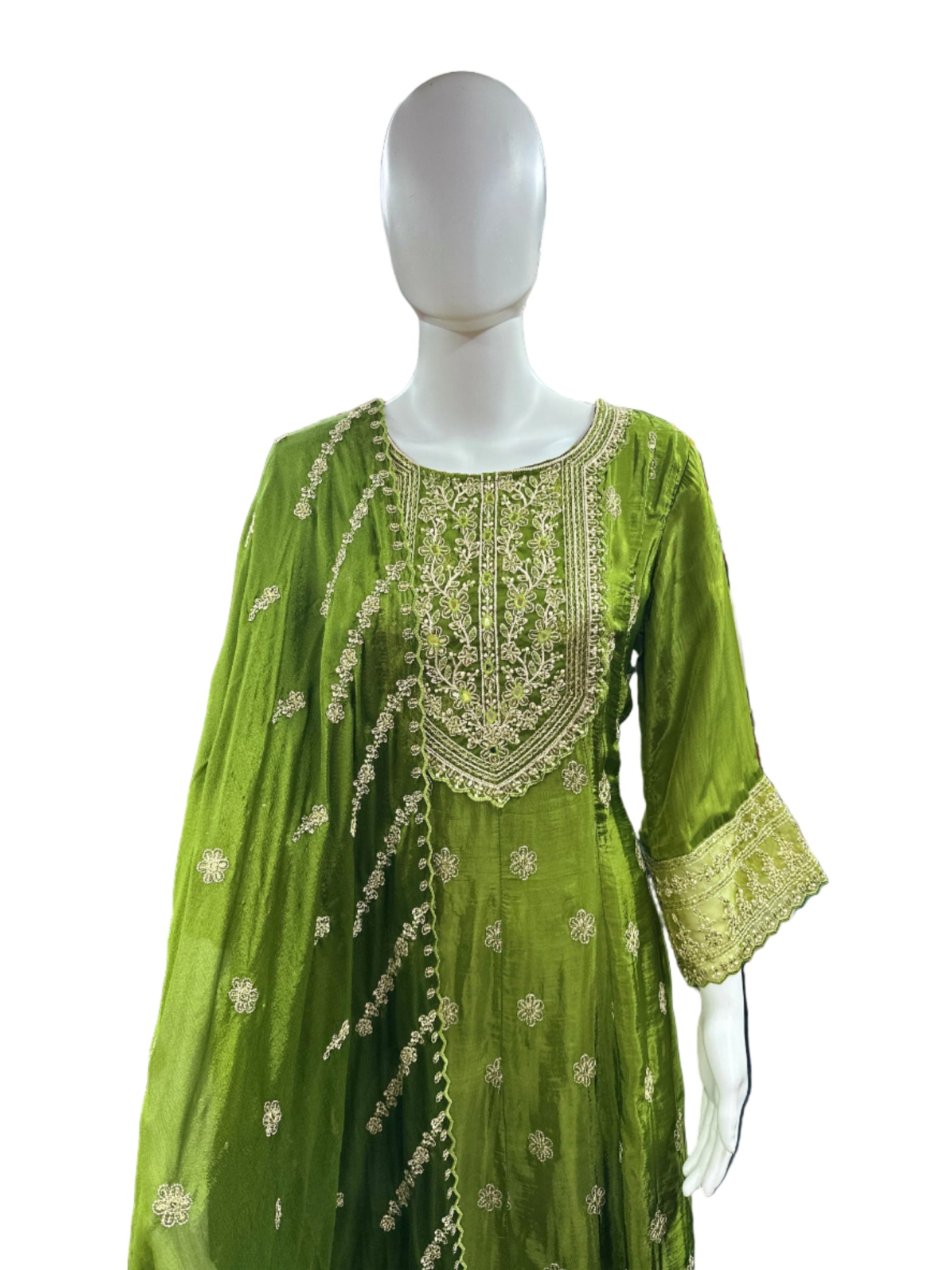 Magnificent Glass Fabric 3-Piece Anarkali Set in Rich Mehendi Green