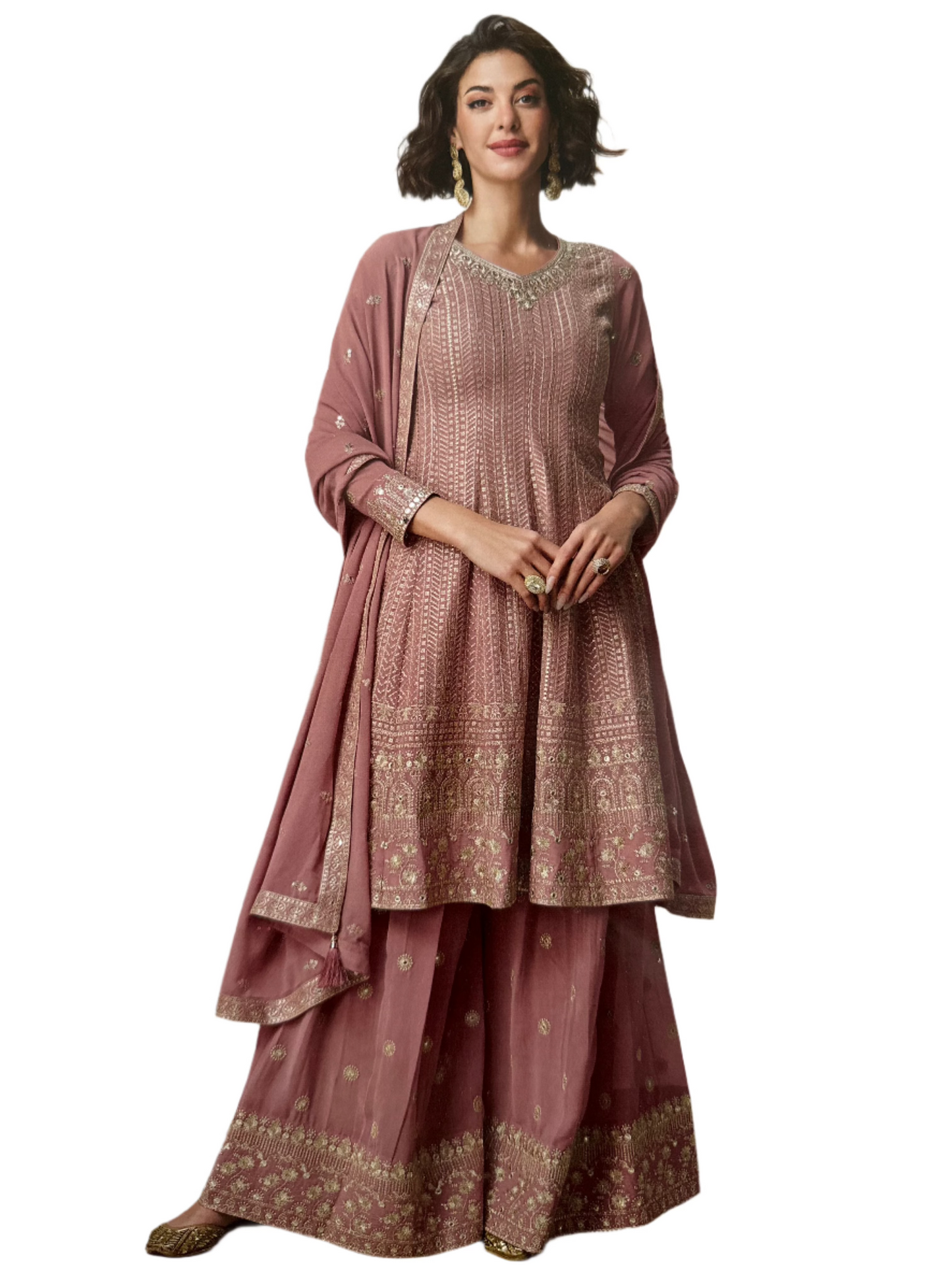Heavy Embroidered Georgette Sharara 3 Piece Set - Mauve