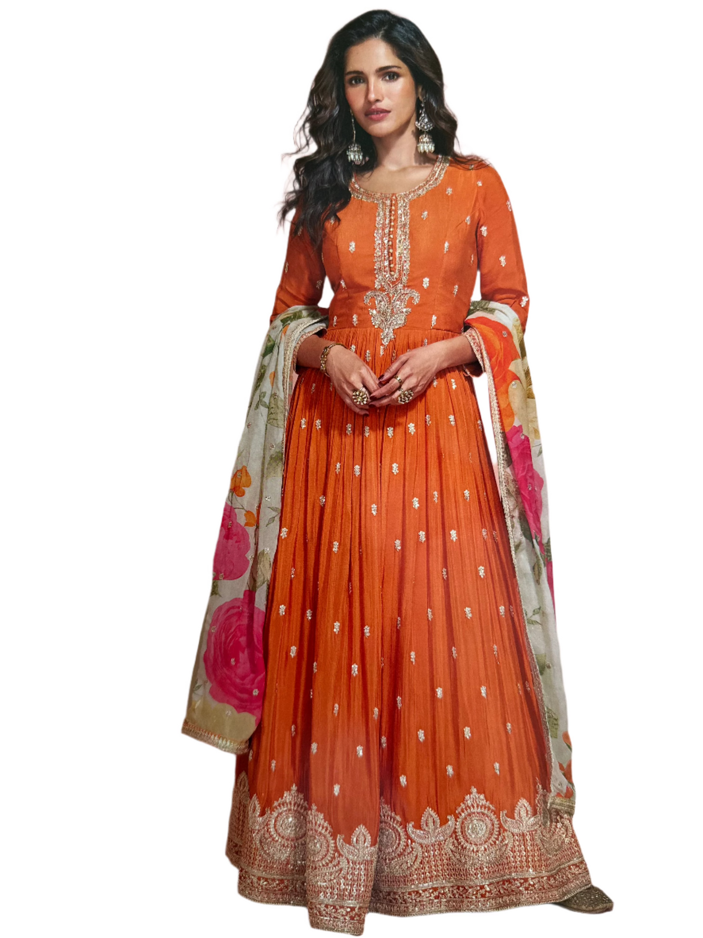 Heavy Embroidered Chiffon Gown with Dupatta in Orange