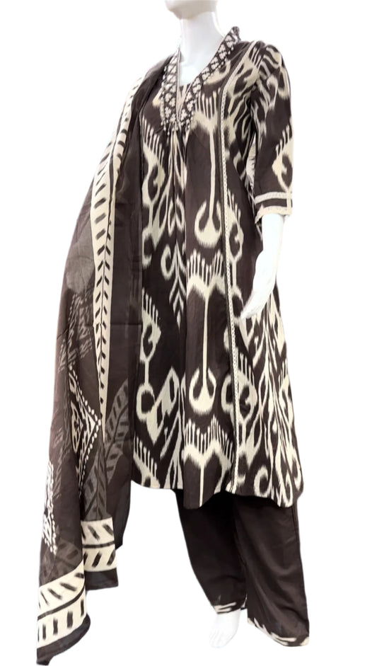 Cotton 3-Piece Ikat Print - Round Top with Pant & Dupatta - Brown
