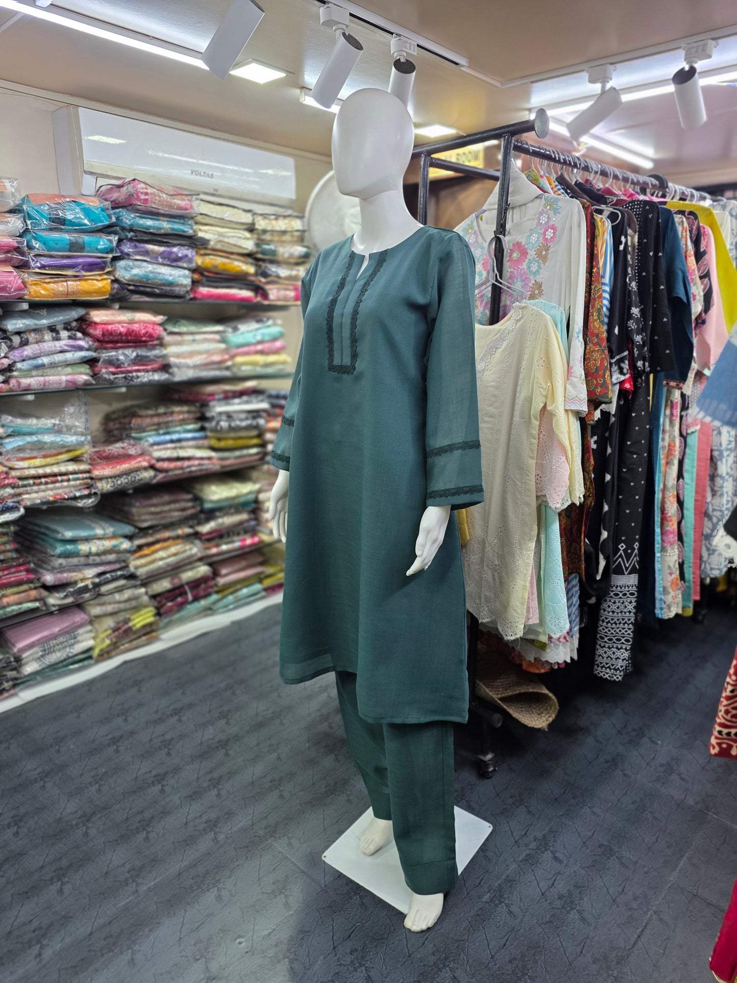 Linen Silk 2 Piece A-line Top with Lace & Designer Sleeves - Sea Green
