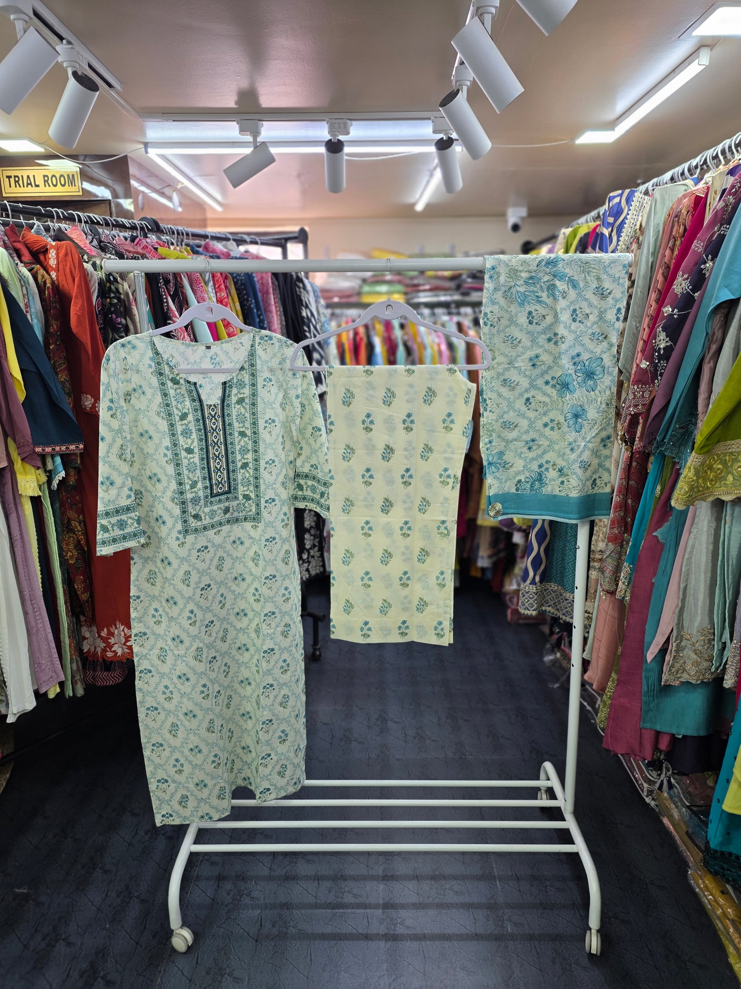 Cotton 3 Piece Palazzo Set Ivory Floral Green
