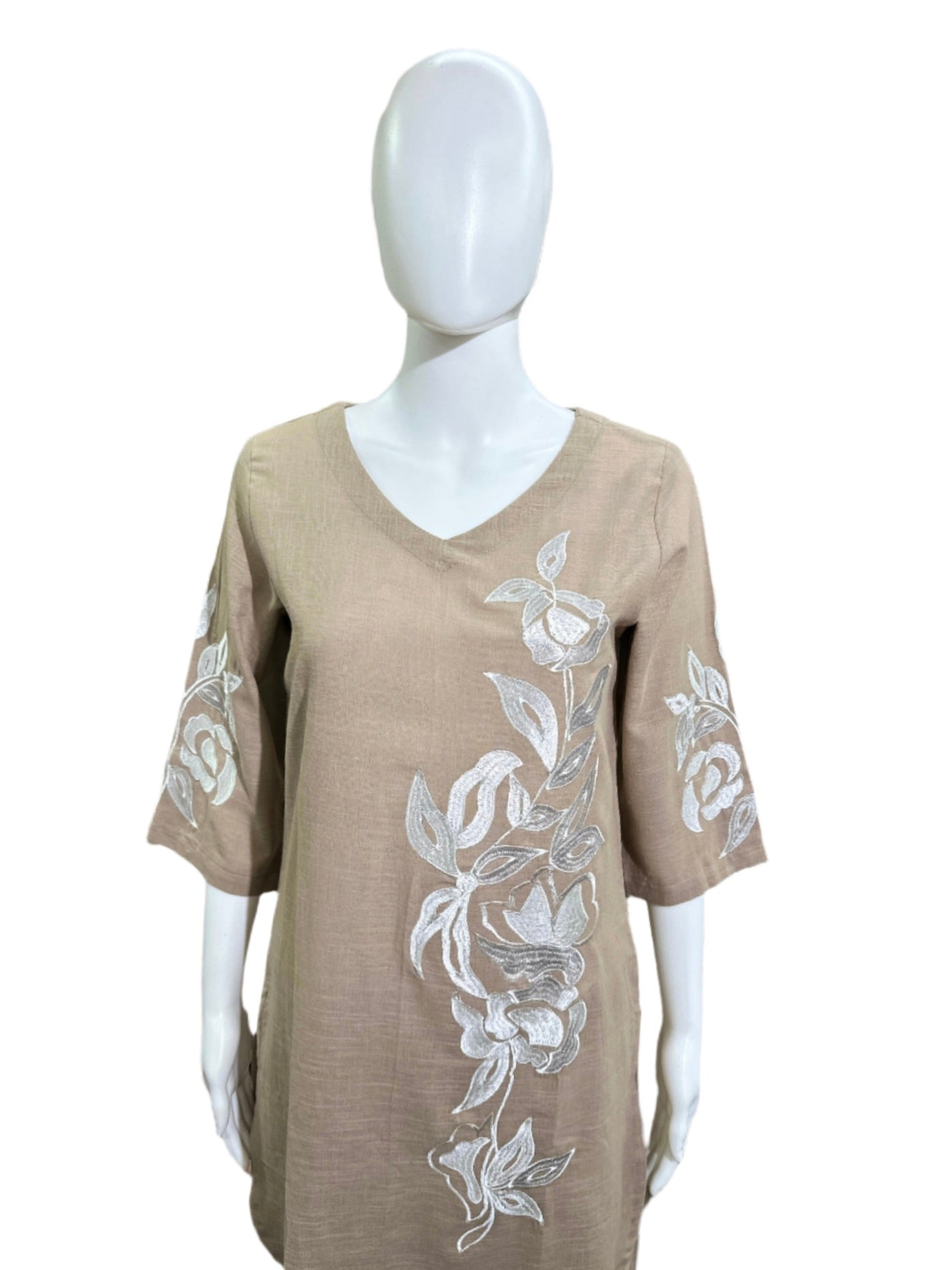 Cotton - Co-Ord Set with Embroidery - Light Brown