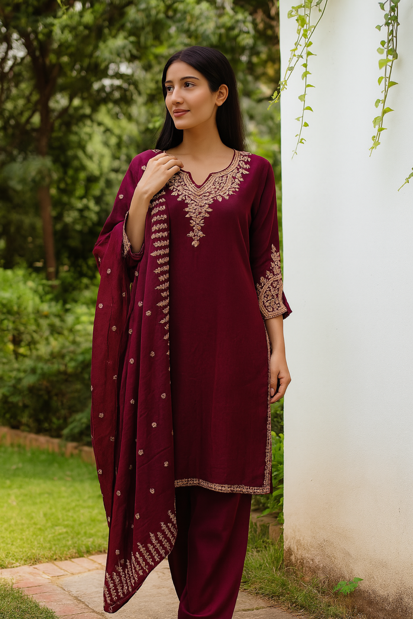 Rich Wine Chinnon 3-Piece Suit Set – Heavy Embroidery, Lace Detailing & Dupatta