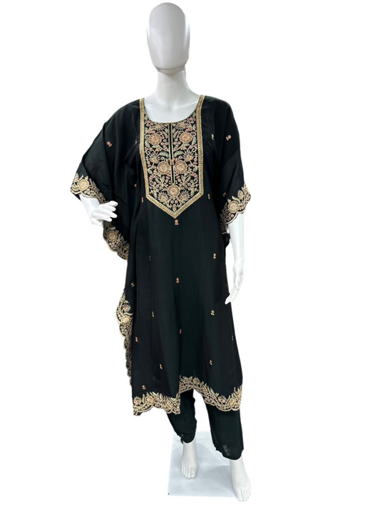 Silk Black Kaftan with Elegant Embroidery on Neck and Border with Pants