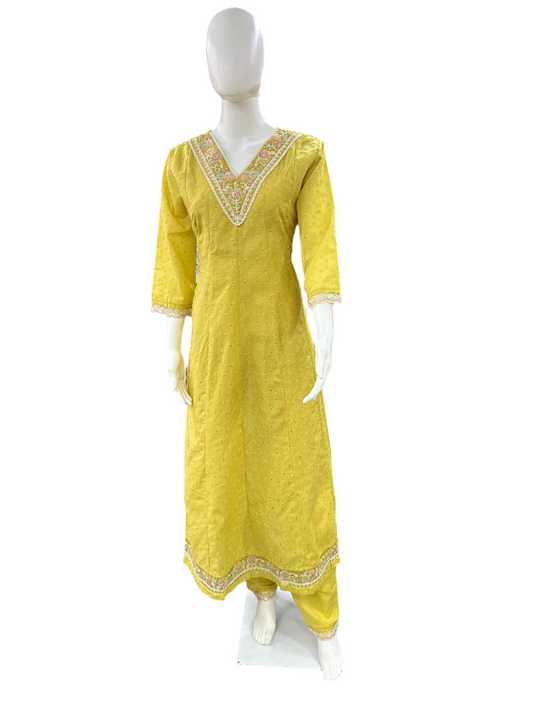 Chikankari Fabric V-neck Anarkali with Lacework and Lining with Printed Dupatta - Mustard