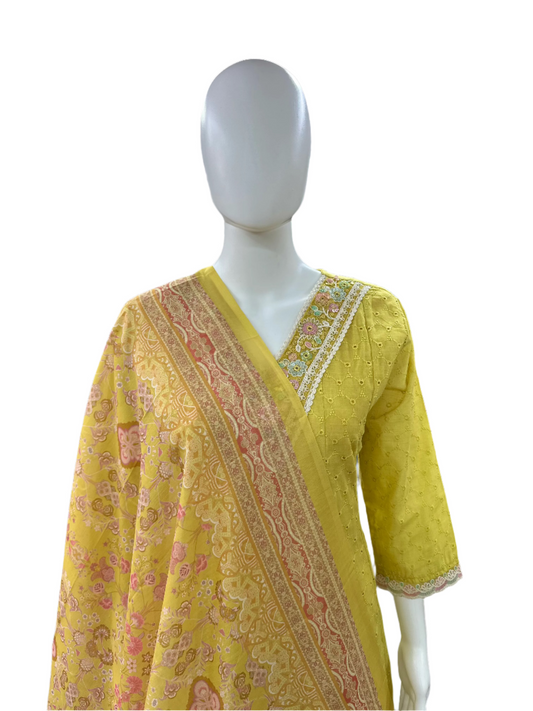 Chikankari Fabric V-neck Anarkali with Lacework and Lining with Printed Dupatta - Mustard