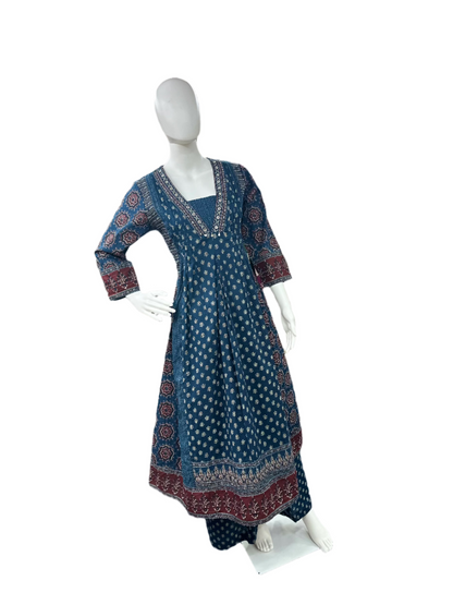 Cotton V-neck Ajrakh Print 3-Piece Anarkali set with Palazzo & Dupatta - Blue