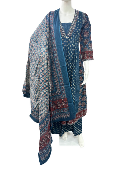 Cotton V-neck Ajrakh Print 3-Piece Anarkali set with Palazzo & Dupatta - Blue