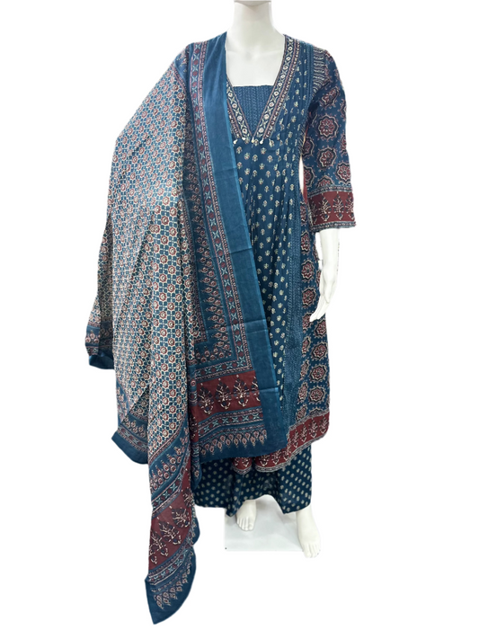 Cotton V-neck Ajrakh Print 3-Piece Anarkali set with Palazzo & Dupatta - Blue