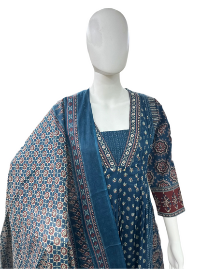 Cotton V-neck Ajrakh Print 3-Piece Anarkali set with Palazzo & Dupatta - Blue