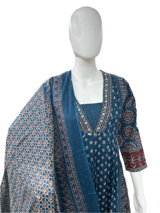 Cotton V-neck Ajrakh Print 3-Piece Anarkali set with Palazzo & Dupatta - Blue
