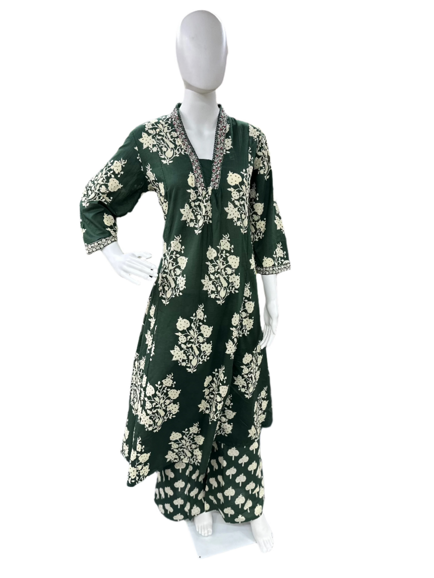 Cotton 3-Piece Floral Umbrella Cut Kurta with Lacework and Palazzo - Bottle Green