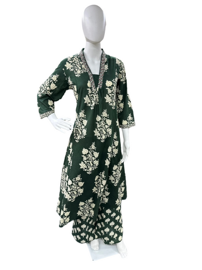 Cotton 3-Piece Floral Umbrella Cut Kurta with Lacework and Palazzo - Bottle Green