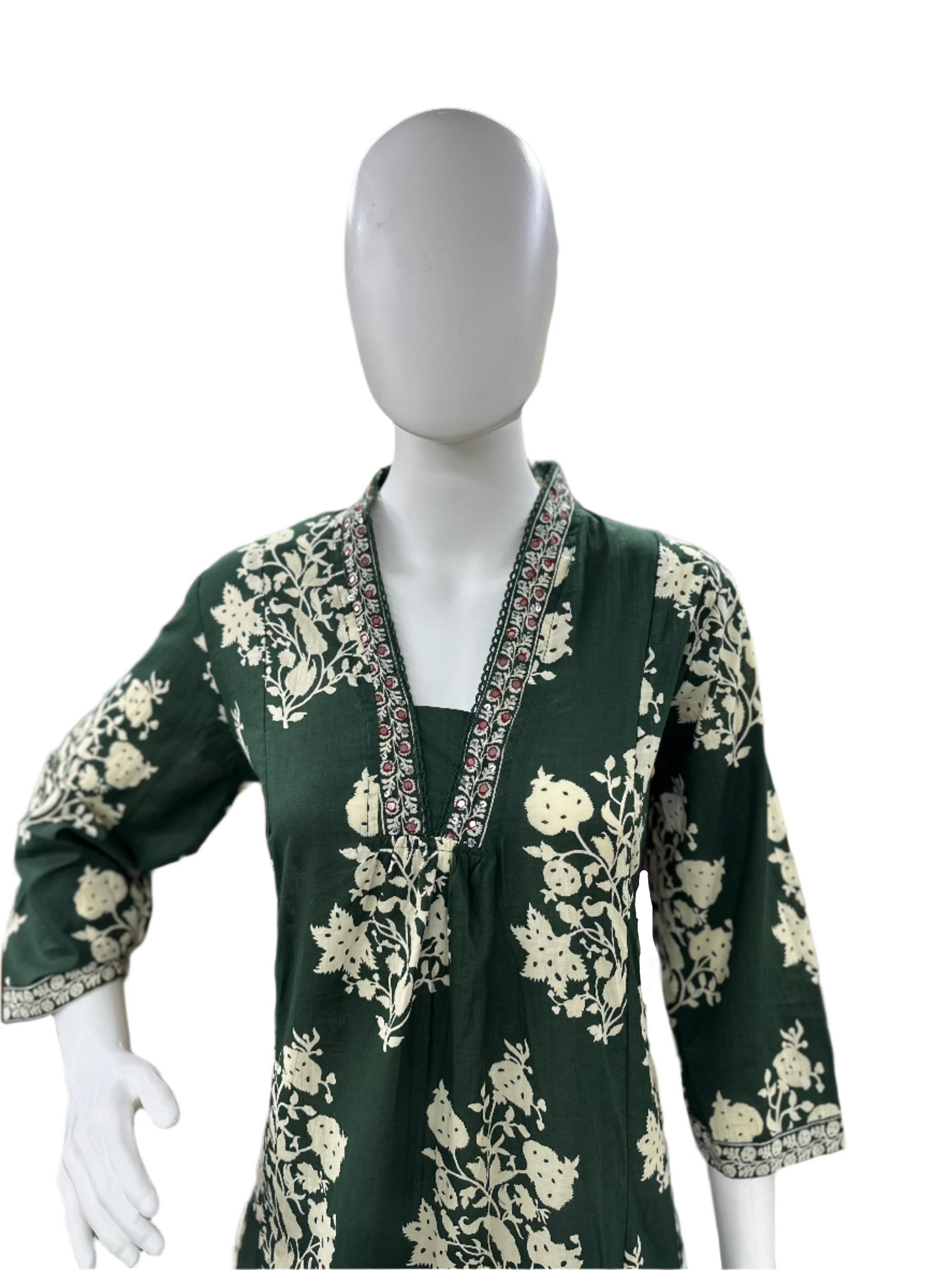 Cotton 3-Piece Floral Umbrella Cut Kurta with Lacework and Palazzo - Bottle Green