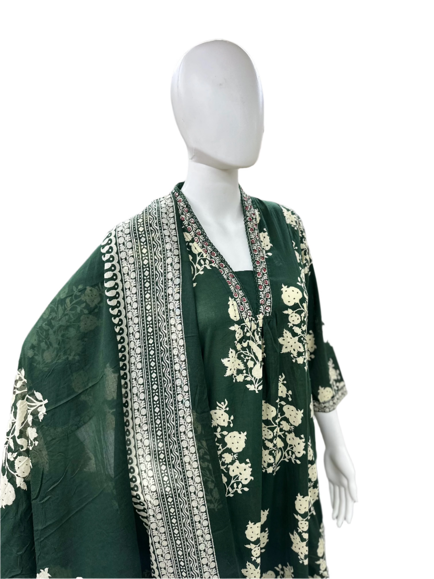 Cotton 3-Piece Floral Umbrella Cut Kurta with Lacework and Palazzo - Bottle Green
