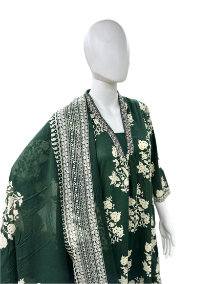 Cotton 3-Piece Floral Umbrella Cut Kurta with Lacework and Palazzo - Bottle Green