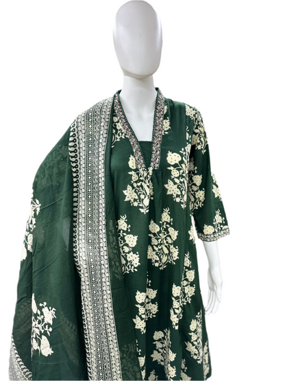 Cotton 3-Piece Floral Umbrella Cut Kurta with Lacework and Palazzo - Bottle Green