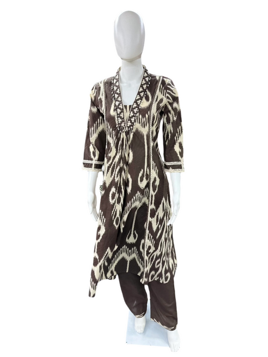 Cotton 3-Piece Ikat Print - Round Top with Pant & Dupatta - Brown