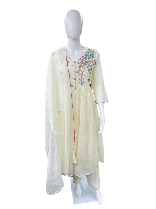 Mul Cotton 3-Piece Umbrella Kurta with Embroidered Crochet Lace Work and Lining - White